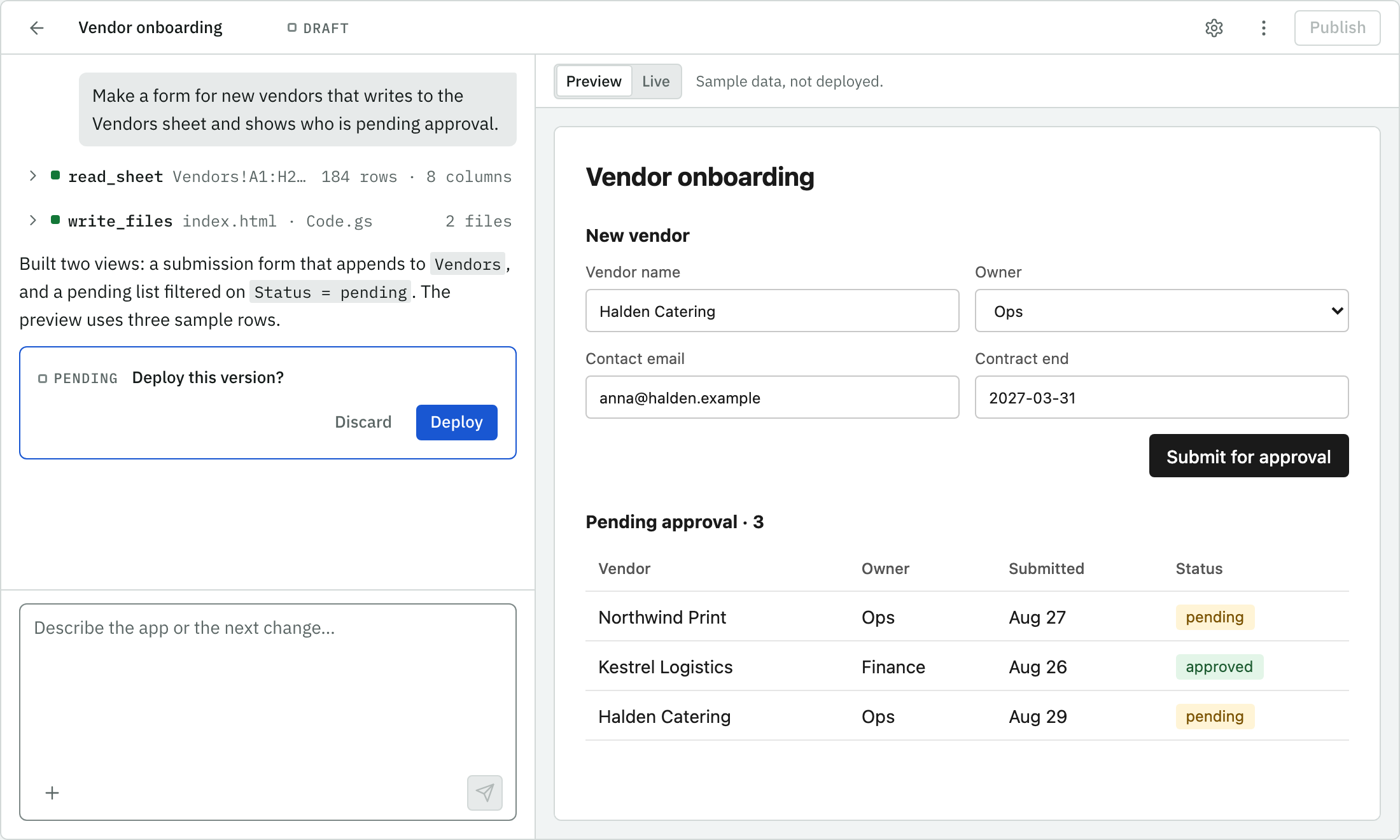 The Applane builder in Chrome: a chat where an employee asked for a vendor onboarding form, the agent’s reply with a deploy card, and a preview of the generated app beside it.